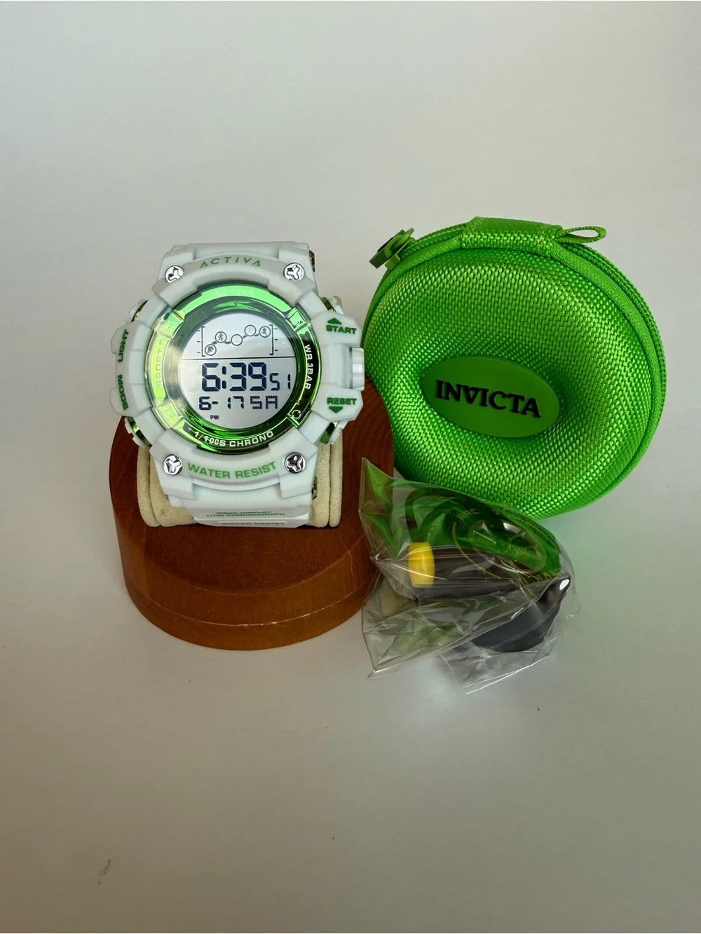 Activa White and Green Digital Sports Watch with Green Invicta Carry Case